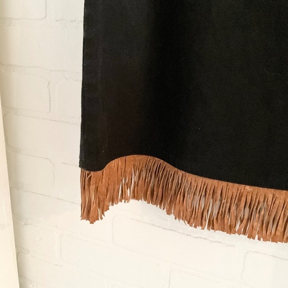 Vintage Maxi Denim Skirt Western Native Black Brown Suede Fringe Trim 12 - Picture 4 of 12